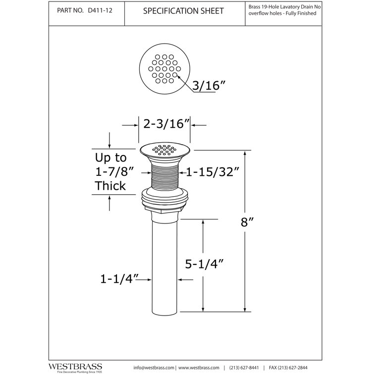 Westbrass Grid Strainer 1.25" Grid Bathroom Sink Drain with Overflow
